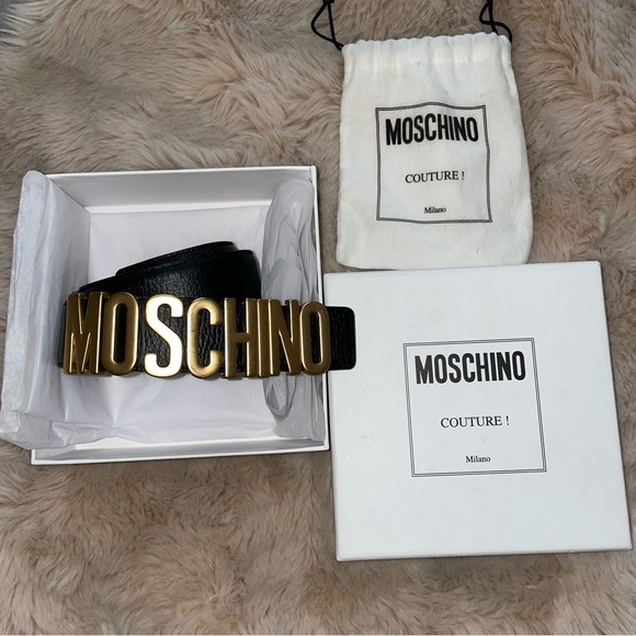 Moschino Couture Black Leather W Gold Textured Logo Belt Size 48 Waist 28-32 - Picture 2 of 16